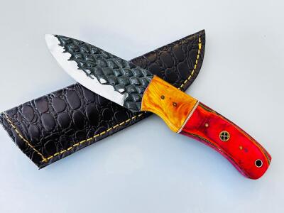 Custom Fixed-Blade Knife, 4" Patterned Steel Blade, Multicolored Wood Handle, Leather Sheath