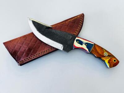 Custom Fixed-Blade Hunting Knife With Gut Hook, Full Tang, Leather Sheath