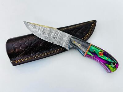 Damascus Steel Fixed Blade Knife, 4" Blade, Colorful Dyed Wood Handle, Leather Sheath Included