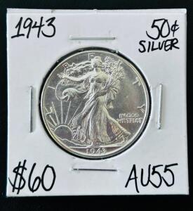 1943 Walking Liberty Half Dollar 90% Silver, AU55, Philadelphia, 30.6mm, 12.5g