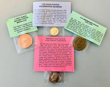 Collection: 1977 Eisenhower Dollar, 1981 Kennedy Half Proof, 1990 24K Gold Quarter, 1Oz Copper USS Missouri