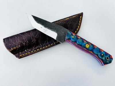 Handmade Tanto Fixed Blade Knife, 7-8" Blue Resin Handle, Leather Sheath, Mosaic Pins