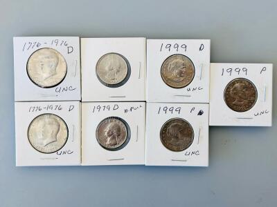 Lot of 7 Uncirculated US Coins: 1976-D Kennedy Halves, 1979-D, 1999 Quarters, 1999 Susan B Anthony Dollars