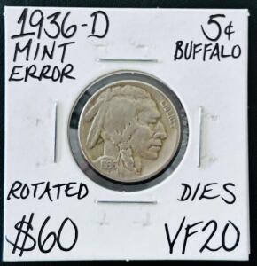 1936-D Buffalo Nickel, Major Die Rotation Error, VF20, Denver Mint, 5 Cent, Indian Head