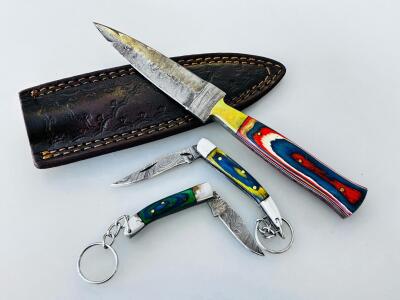 Custom Damascus Steel Knife Set | Fixed Blade 6.5&rdquo; & 2 Folding Keychain Knives, Multicolor Handles