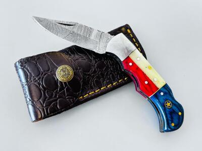 Custom Damascus Folding Knife, Tricolor Handle, Texas Star Inlay, Leather Sheath, 3.75" Blade
