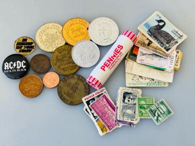 Vintage Mixed Lot: 1960s-80s Coins, Tokens, Penny Roll, US/Foreign Stamps & Hunting License Stamps