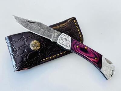 Custom Damascus Folding Knife, Purple Dyed Wood Handle, Engraved Bolsters, Leather Sheath