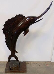 Large 3.5 Ft Hand-Carved Wooden Sailfish Sculpture, 35 lbs, Freestanding On Wooden Base