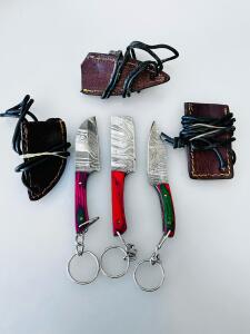Set Of 3 Miniature Damascus Steel Keychain Knives With Leather Sheaths
