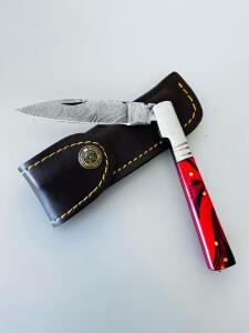 Damascus Steel Folding Knife, Red/Black Custom Handle, 3.5" Blade With Leather Sheath