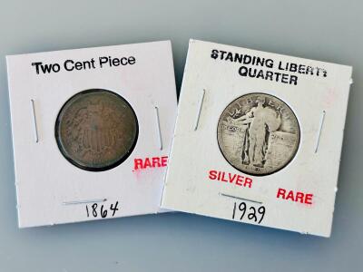 1864 Two Cent Piece And 1929 Standing Liberty Silver Quarter &ndash; U.S. Shield/Circulated Collectibles