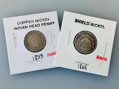 1859 Indian Head Cent & 1868 Shield Nickel &ndash; Copper-Nickel, Historic U.S. Coins, 2x2 Holders