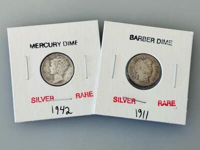 1911-D Barber Dime & 1942-D Mercury Dime 90% Silver, Denver Mint, US Collectible Coins