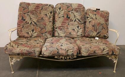Vintage Ornate Metal Patio Sofa, 3-Seater, Leaf Print Cushions, Powder-Coated Frame, 59" Long