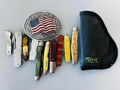 Vintage US Pocket Knives &ndash; Barlow, Stockman & Scout, Assorted Handles, FARMERS STOCK Model, Nocona America Belt Buckle, And Holster
