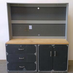 Industrial Workbench with Storage &ndash; 71"x63"x23", 3 Drawers, 1 Cabinet, Pegboard, Fluorescent Light