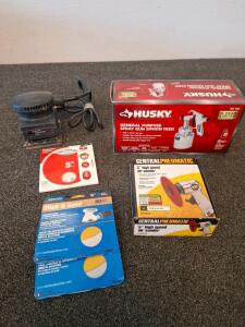 Central Pneumatic 5" Air Sander, Husky Spray Gun, Black & Decker Sander & Sanding Discs