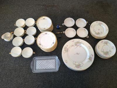 Vintage Porcelain Floral China Set, Gold Rim, Garland & Blossom Motif, Cups Plates Trays