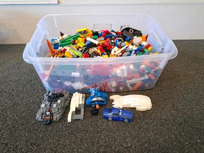 LEGO Bricks And Minifigures, 500&ndash;700 Pieces, Storage Bin, Bonus Toy Cars