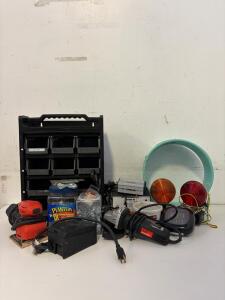Mixed Electrical & Power Tools: Pyramid Power Supply, Timer, Grinder, Sander, Trailer Lights & More