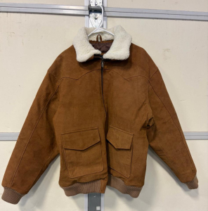 Bradford Exchange XL Brown Faux-Suede Bomber Jacket, Sherpa Collar, RN#123140, Made In Mexico