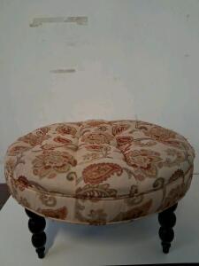 Circular Upholstered Ottoman With Paisley Floral Print, Turned Wood Legs, Approx. 20" x 13"