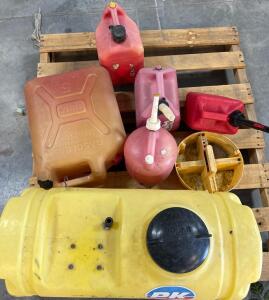 Assorted Portable Gas Cans (Blitz, Midwest, 5 Gal, 1 Gal) & PK 35-50 Gal Yellow Transfer Tank
