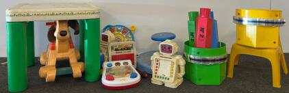 Vintage Fisher-Price Toys: Cassette Player, See'n Say, Robots, Stools & Ride-On Dog, 1980s