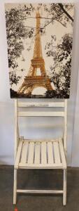 Eiffel Tower Gallery-Wrapped Canvas Art Approx. 30x20In & White Wooden Folding Chair