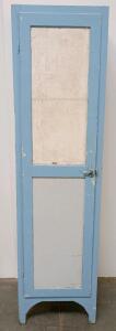 Vintage Blue Single-Door Wooden Cabinet, Arched Base, Latch Lock, 1940s-60s Style
