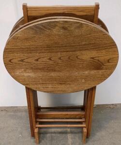 Set Of 4 Wooden Folding TV Tray Tables With Stand, Oval Tops, Medium Brown Finish