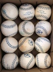 Box of 12 Pioneer Baseball League Official Game Balls, Blue Stitching, Used, Leather Cover
