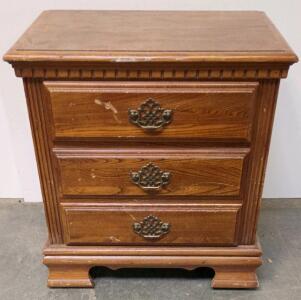 Traditional 3-Drawer Wooden Nightstand With Ornate Metal Pulls, Dentil Molding, 26"x16"x28"