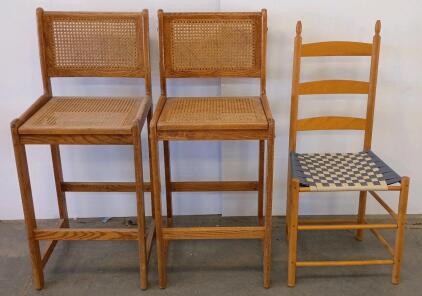 Pair Of Vintage Wooden Cane Bar Stools And Ladder-Back Dining Chair With Woven Seat 30"x18"x18"