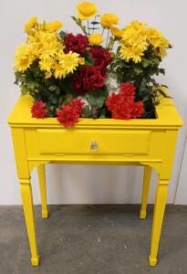 Repurposed Yellow Wooden Sewing Table Planter With Drawer & Artificial Floral Arrangement