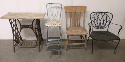Vintage Furniture: Singer Treadle Table, Cosco Step Stool Chair, Slat-Back, Wrought Iron Patio