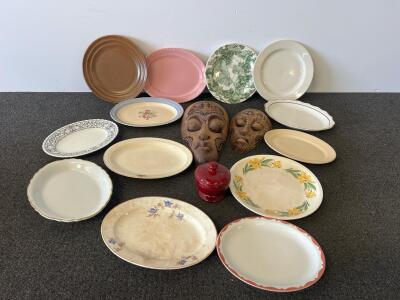 13 Vintage Ceramic Serving Platters & Plates, Mixed Patterns, Plus Wood Masks & Jar