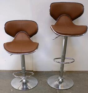 Set of 2 Adjustable Swivel Bar Stools, Brown Faux Leather, Chrome Base, Hydraulic Height, Footrest