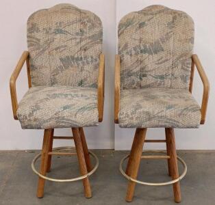 Pair Swivel Bar Stools, Wood Arms, Upholstered Back, 26" Seat Height, Metal Footrest