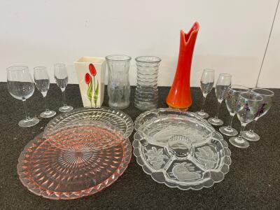 Glassware & Vase, Mid-Century Orange Swung Vase, Pink Depression Glass Platter, Stemware & More