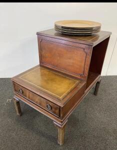 Vintage Mahogany Two-Tier Leather-Top End Table With Drawer & Set Of Charger Plates