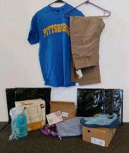 Mixed Lot: Pittsburgh T-shirt, Hobibear Shoes (US 8), Pants, Household & Fitness Items