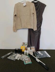 Mixed Lot: Sweater (Small), Gown, Remote, Supplements, Phone Case, DVD, Accessories, merkitty craft treasure, clear acrylic cube