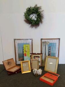 Decor & Utility Lot: Wreath, Aging Room Cigar Box, Doca Dusters, Frames, Fly Swatters