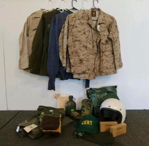 Mixed US/UK Military Surplus Lot &ndash; 6 Jackets/Shirts, Helmet, Mittens, Gear, RAF Jumper, Canteens