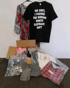 Bulk Apparel Lot: 48pc Silicherry Winter Gloves Beanies, Zando 3X Top, XL Shirts, Only Boys Thermal