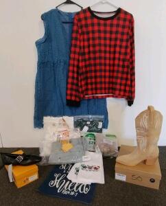 Women's Tan Suede Cowboy Boots, mix of women's clothes all new, and more