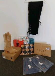 Assorted Clothing & Footwear Lot with Outdoor Owl House