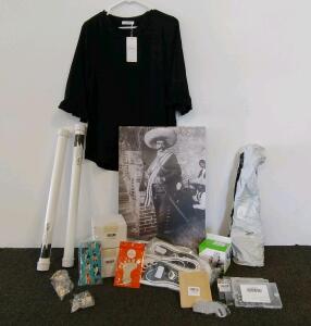 Assorted Retail Mixed Lot: Hardware, Apparel, Foot Care, Phone Accessories, Skewers, Poster